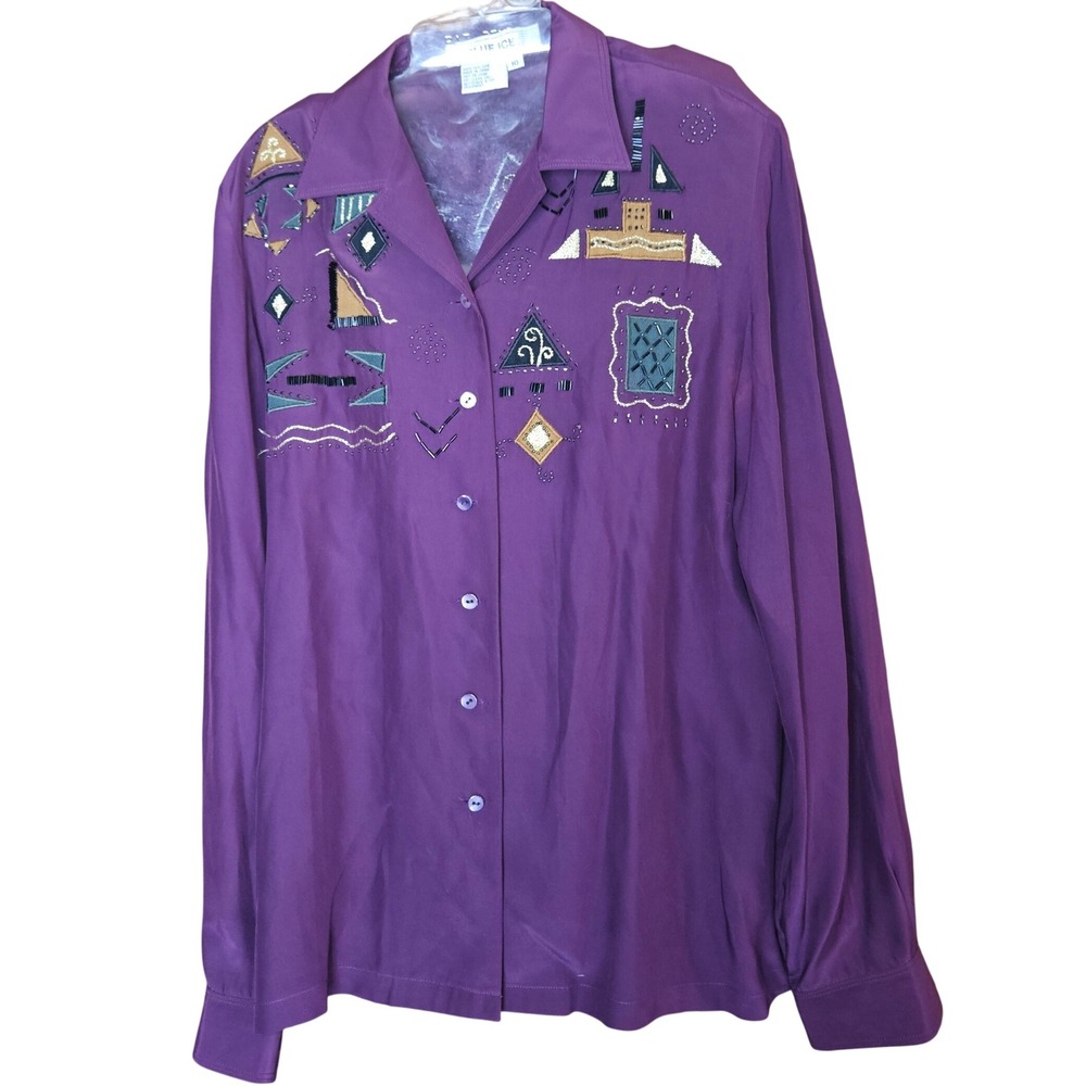 Blue Ice Womens 100% Silk Beaded Embroidered Blouse Burgandy Art to Wear Size 10